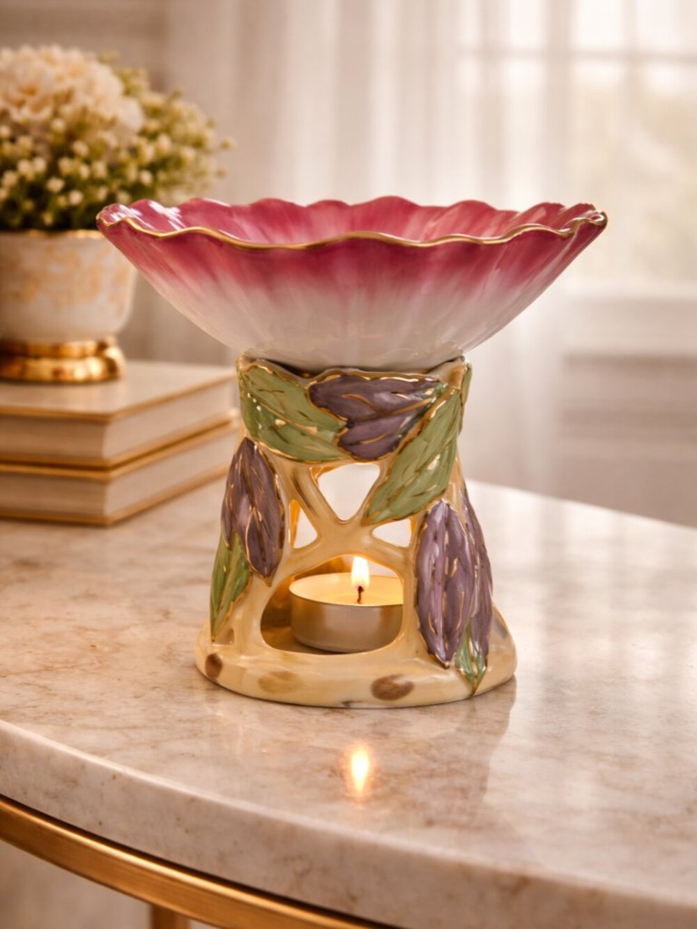 Hand Painted Floral Glazed Ceramic Wax Melt Warmers Set 2 Pink Gold New - Picture 2 of 8